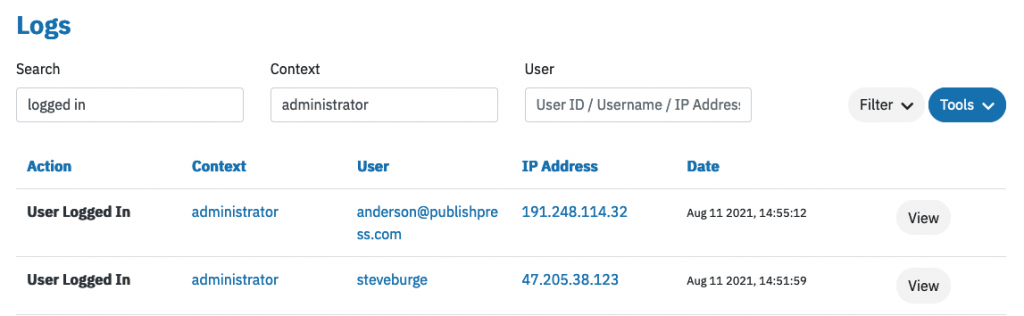 Administrator log in activity logs