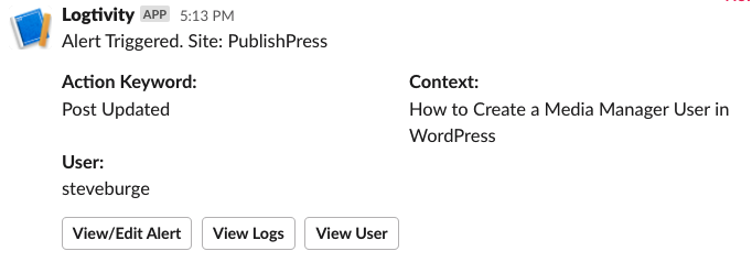 A Logtivity alert for an updated post