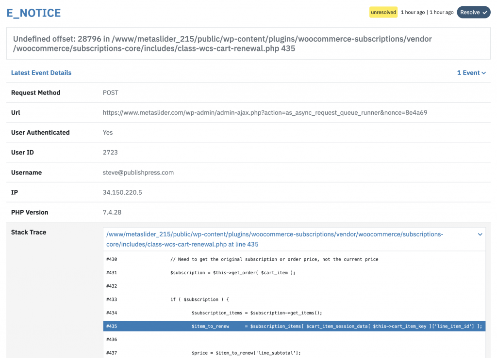 Stack trace for an error in Logtivity