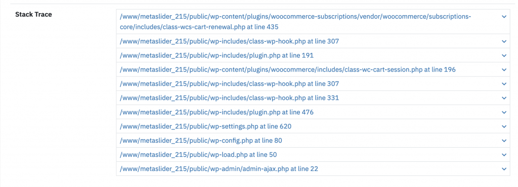 Stack trace for a WooCommerce error