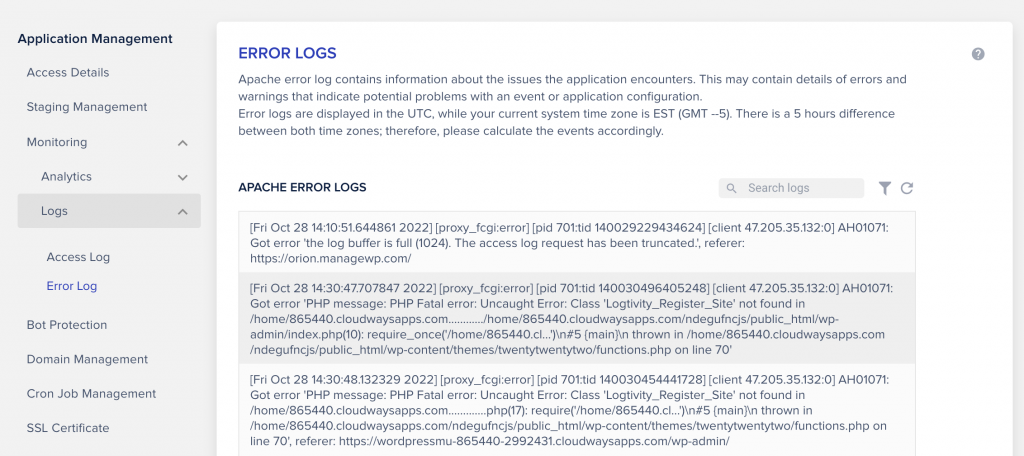 Cloudways error logs