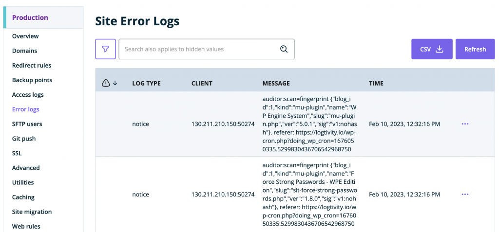 WPEngine error logs