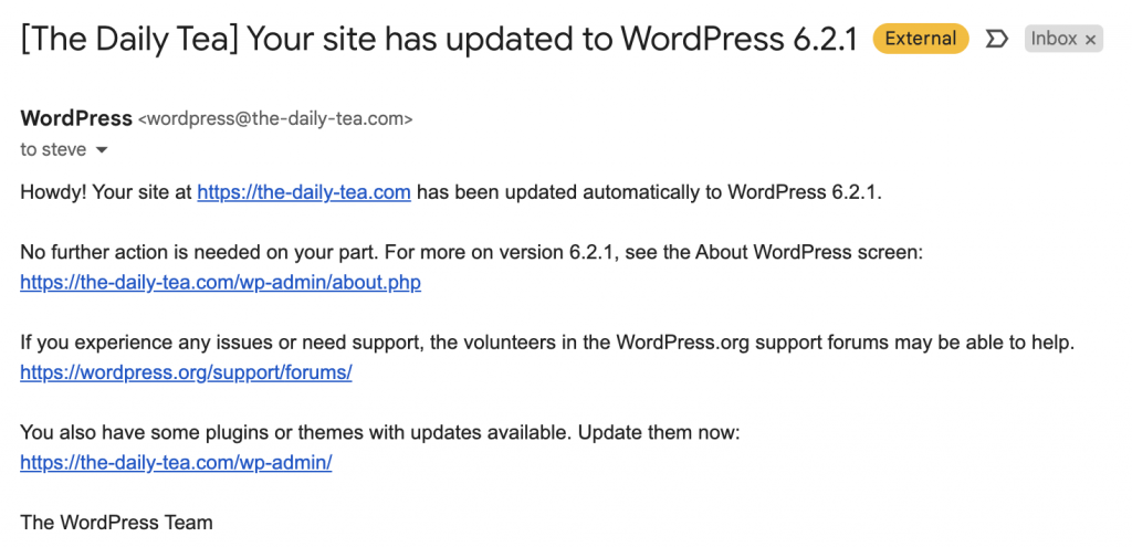 WordPress email for auto-updates