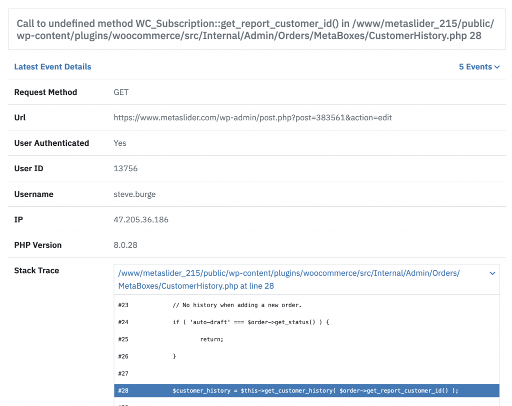 WooCommerce error in Logtivity